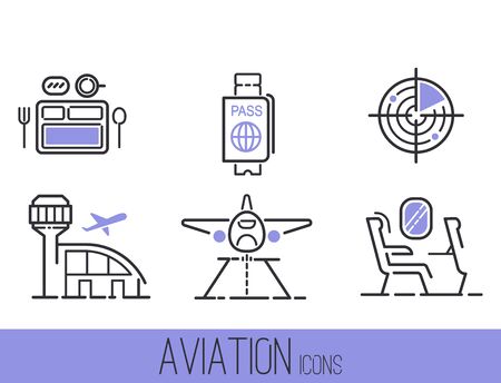 Aviation icons vector set airline outline graphic illustration flight airport transportation passenger design departure.のイラスト素材