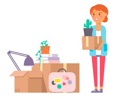 Happy young woman vector flat people moving in new house movement apartment together. Happy young girl moving service. Woman carrying boxes together with family person unpacking box character set.のイラスト素材