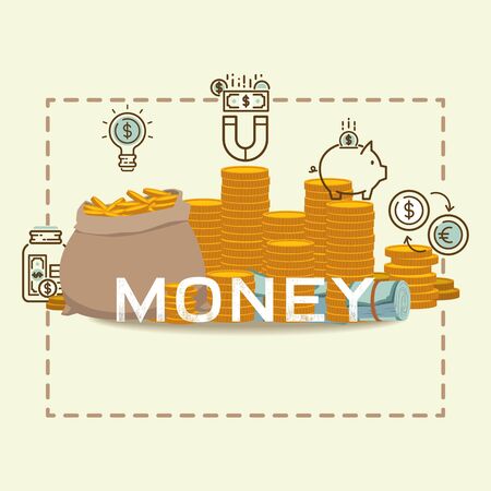 Money bag packing in bundles of bank notes, bills fly, gold coins poster. Flat vector bagfull money concept financial investment illustration. Billion dollar cash currency finance.のイラスト素材