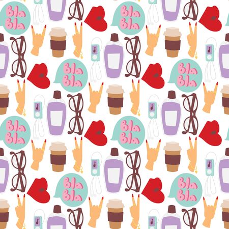 Girl fashion accessories outfit of casual woman style shopping items and beautiful cosmetic or makeup tools seamless pattern background vector illustration.のイラスト素材