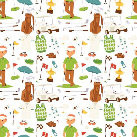 Golf player clothes and accessories vector illustration. Golfing club male outdoor game seamless pattern background swing sport hobby equipment professional play competition lifestyle.のイラスト素材