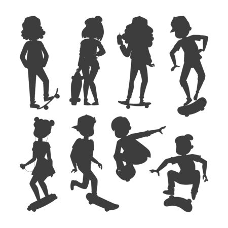 Skateboard characters vector stylish skating kids illustration skate cartoon male activity extreme skateboarding silhouette.のイラスト素材
