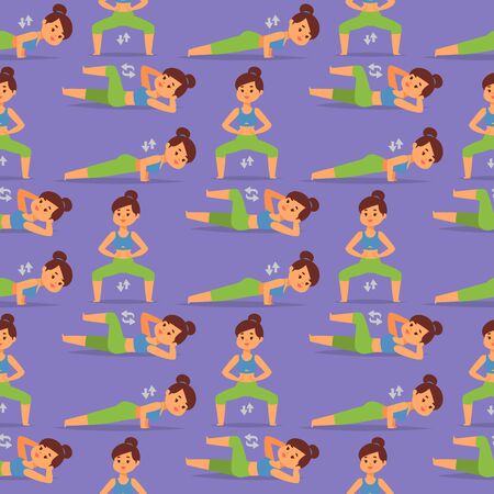 Woman home workout vector exercising at home fitness character workout, healthy living and diet concept illustration. Sportswear girl attractive weight person training seamless pattern background.のイラスト素材