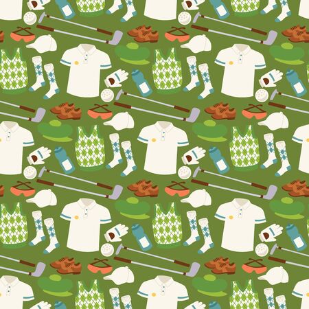 Golf icons hobby equipment cart player golfing sport symbol flag hole game seamless pattern background. Vector sign patch bag hobby golfer car equipment.のイラスト素材