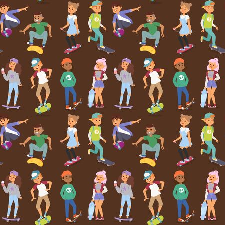 Skateboard characters vector stylish skating kids illustration skate cartoon male activity extreme skateboarding seamless pattern background. Extreme child doodle skateboard characters people.のイラスト素材