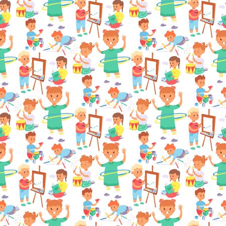 Children playing vector different types of home games little kids play summer outdoor active leisure. Young people group friends childhood activity. Children playing games seamless pattern background.のイラスト素材