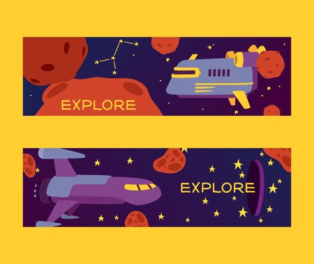 Spaceships in cosmos with planets set of banners vector illustration. Travel to new planets and galaxies. Space trip technology. Constellation with falling star. Rocket in outer space.のイラスト素材