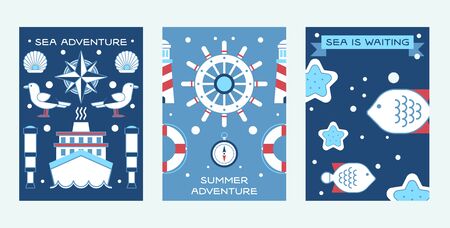 Sea summer adventure set of posters vector illustration. Nautical collection of things such as ship wheel, spyglass, lifeline, lighthouse. Sea life with fish and starfish.のイラスト素材