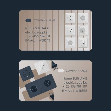 Electric supplies set of business cards vector illustration. Black and white plugs and electrical outlet. Icon of device for connecting electrical appliances, equipment. Plugs and socket. Shop, store.のイラスト素材