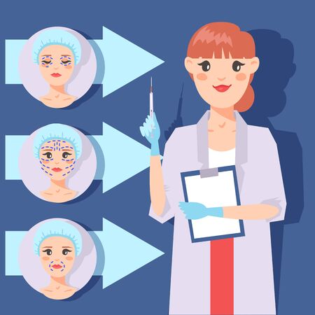 Plastic surgery banner vector illustration. Face correction. Doctor consultation. Liposuction of cheeks, eyes and lips, face cosmetology. Beauty health procedure. Body surgery. Woman with shot.のイラスト素材