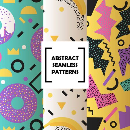 Abstract shapes set of seamless patterns vector illustration. Minimalistic design, creative concept, modern background. Abstract geometric elements such as lines, dots. Donuts and crowns.のイラスト素材