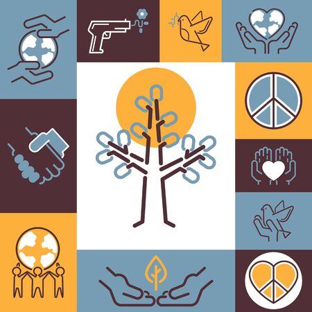 Peace symbols collage, vector illustration. Fine line icons of peaceful protest against war. Colorful stickers with emblems of peace, friendship, love and world protectionのイラスト素材