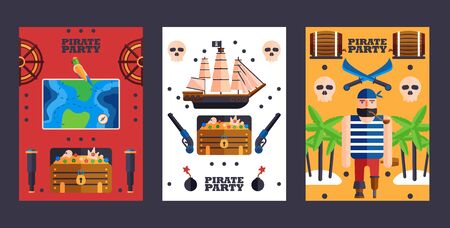 Pirate style party invitation, vector illustration. Symbols of piracy, simple flat banners. Set of colorful cards party announcementのイラスト素材