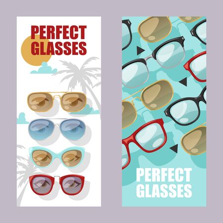 Sunglasses fashionable accessory set of banners. Sun spectacles plastic frame modern eyeglasses vector illustration. Collection for store or shop. Perfect glasses for tropical trip.のイラスト素材