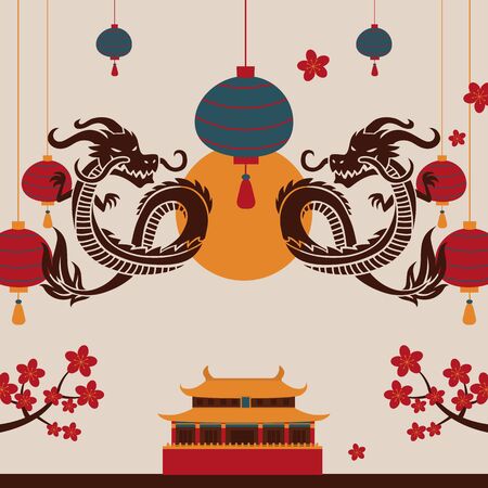Chinese dragon art poster, vector illustration. Traditional oriental symbol. China culture festival invitation. Decorative cover for Asian art brochureのイラスト素材