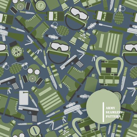 Military seamless pattern, vector illustration. Army equipment, isolated items and icons in flat style. Camouflage uniform and weapons for soldiersのイラスト素材