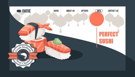 Sushi bar website design, vector illustration. Landing page template for Asian food restaurant or sushi delivery company. Fresh seafood menuのイラスト素材