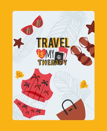 Travel inspiration poster, vector illustration. Summer vacation trip to the sea, woman clothes, swimming suit, sunglasses and sandals. Simple icons of vacationのイラスト素材
