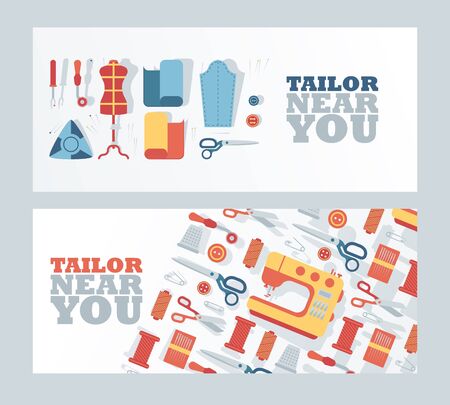 Tailor shop banner, vector illustration. Atelier dressmaking service, fashion design studio, professional clothing repair. Dressmaking tailoring icons in flat styleのイラスト素材