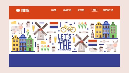 Netherlands travel icons, vector illustration. Tour agency website design, landing page template in colors of Dutch flag. Main symbols of Holland windmill, bicycle, tulipsのイラスト素材
