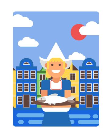 Netherlands poster in simple flat style, vector illustration. Smiling girl in traditional Dutch costume holding dish with herring, old houses of Amsterdam on backgroundのイラスト素材