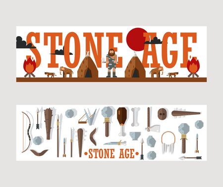 Stone age banner, vector illustration for museum brochure, history book or archeology article. Ice age caveman, extinct animals, primitive tools and weaponsのイラスト素材