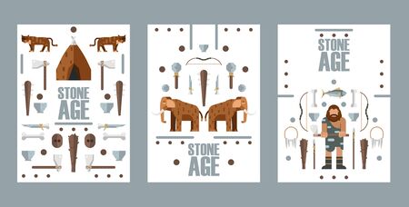 Stone age banner, vector illustration. Flat style icons of Paleolithic era, extinct animals and primitive hunting weapons. Museum brochure cover, history bookのイラスト素材