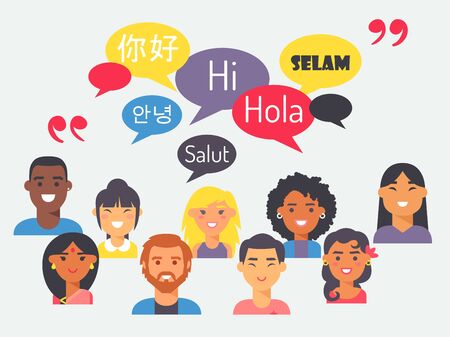 People speak different languages, vector illustration. Flat style portraits of men and women from around the world with speech bubbles. Learn foreign languageのイラスト素材