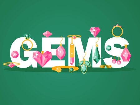 Jewelry store typographic cover, vector illustration. Sparkling gems and diamonds, jewels with precious gemstones. Flat style jewellery advertising poster. Beauty fashion accessoryのイラスト素材