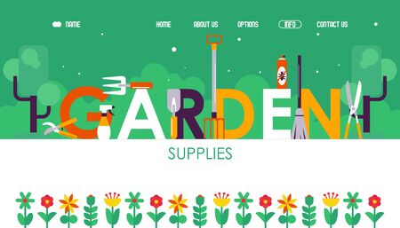 Garden supplies website design, vector illustration. Landing page template with typographic title. Gardening tools and geometric flat style flowers. Online shop for gardenersのイラスト素材