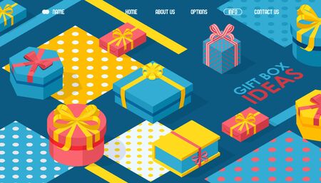 Isometric gift boxes website design, vector illustration. Landing page template with geometric present packages of different size and shape. Colorful wrap and decorative ribbonsのイラスト素材