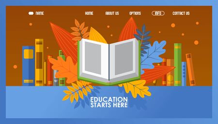 Online education website design, vector illustration. Open book on autumn leaves in flat style. Distance education landing page template, college course, university programのイラスト素材