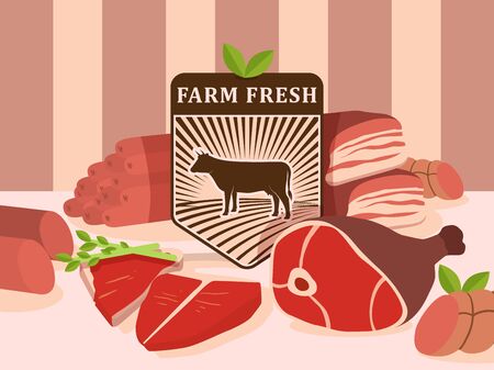Fresh meat from local farm, vector illustration. Butcher shop food store assortment, booklet cover. Beef steak slice and ham, graphic product label with cow on field. Meat shop advertisement posterのイラスト素材
