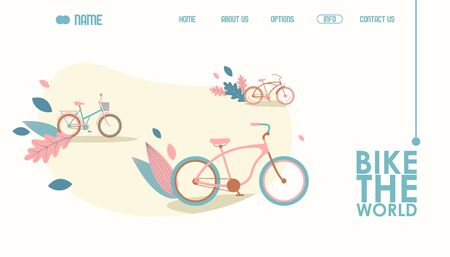 Bicycle website design, vector illustration. Landing page template in modern flat style, creative concept of active leisure, bicycle transport. Outdoor recreationのイラスト素材