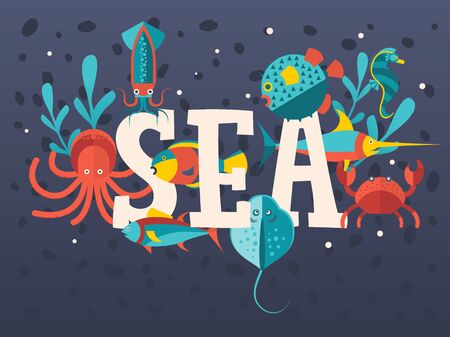 Sea creatures in flat style typographic poster, vector illustration. Ocean underwater world, octopus, squid, crab and fish. Children book cover, sea animals backgroundのイラスト素材