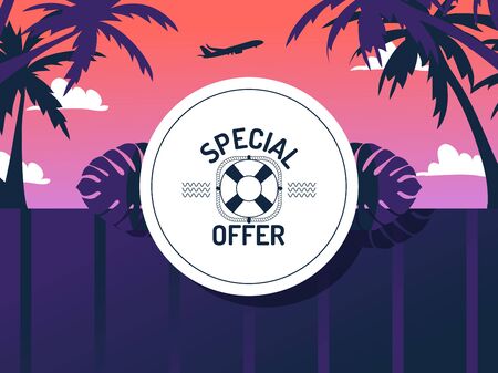 Special offer for vacation trip, vector illustration. Travel agency sale advertisement banner, newsletter campaign. Cheap flight tickets, seasonal sale poster. Summer journeyのイラスト素材