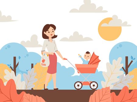 Mother walking in park with baby stroller, vector illustration. Young woman with groceries bag strolling outdoor with newborn child. Mom spends time with her kid in natureのイラスト素材