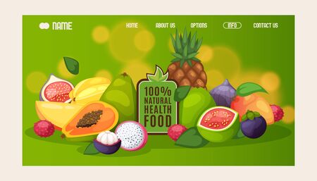 Natural healthy food website design, vector illustration. Landing page template, organic products, exotic tropical fruits. Fresh mango, papaya, guava, pineapple and mangosteenのイラスト素材