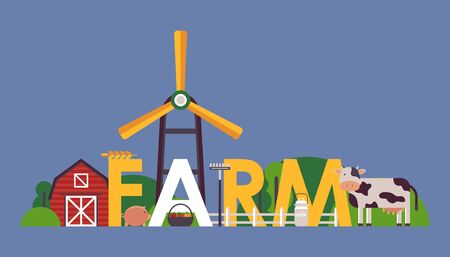 Farm typography poster, vector illustration. Flat style composition with farmhouse, windmill and cow, made of simple geometric shapes. Fresh products from local farmersのイラスト素材
