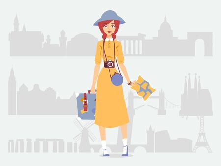 Young woman independent traveler, vector illustration. Single girl on sightseeing tour, silhouettes of famous European landmarks. Lonely female tourist with bag, map and cameraのイラスト素材