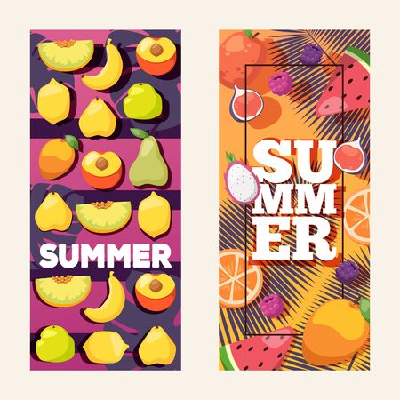 Summer fruit vertical banners, vector illustration. Mix of fresh juicy fruits, healthy vegetarian food. Summer advertisement campaign, flyer with colorful background for your textのイラスト素材