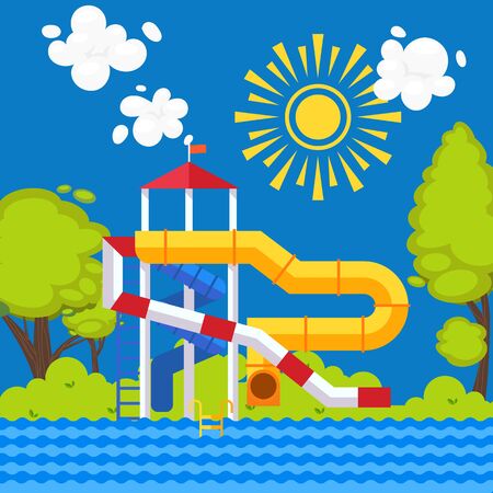 Water park vector illustration. Colorful poster in flat style, outdoor summer playground for family with children. Aqua park attractions, water slides for kidsのイラスト素材