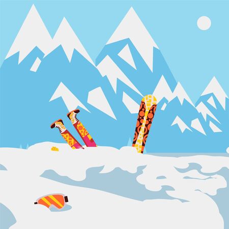 Snowboarder fell in snow, mountain avalanche, extreme winter sport, vector illustrationのイラスト素材