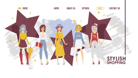 Fashion boutique website design, vector illustration. Landing page template for clothes and accessories store. Fashion trend collection online shop. Beautiful women in casual outfitのイラスト素材