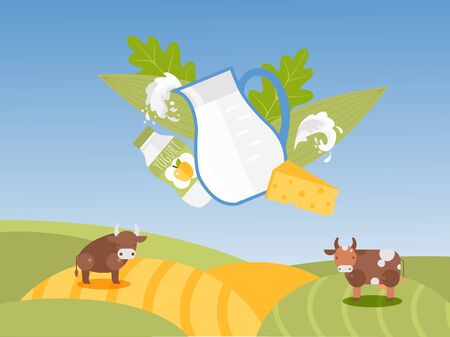Jug of milk and dairy products on background of farm fields landscape, vector illustration. Natural organic food from local farmers, fresh milk, yogurt and cheese. Flat style cow and bull on farmsteadのイラスト素材