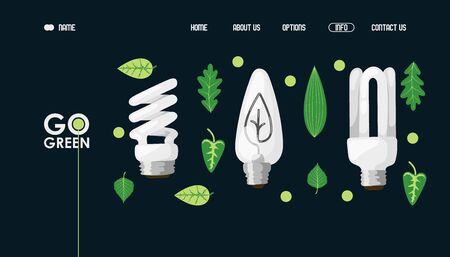 Energy saving light bulb website design, vector illustration. Lamp store landing page template, green electricity. Environment friendly light bulbs and green leaves iconsのイラスト素材