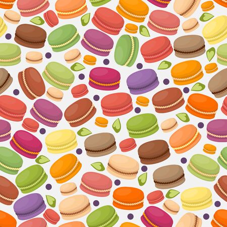 French macarons in seamless pattern, vector illustration. Endless colorful macaroons, pastry shop assortment, selection of delicious cookies. Traditional european sweet dessertのイラスト素材