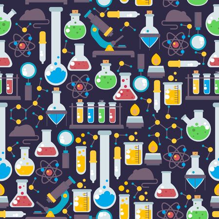Laboratory glassware seamless pattern, vector illustration. Chemistry lab research icons in flat style, chemical flask emblems. Science lab items, pharmacy and medicine studyingのイラスト素材