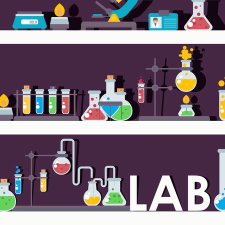 Laboratory glassware on shelves, vector illustration. Chemistry lab research symbols in flat style, chemical flask emblems. Science lab items, pharmacy and medicine studyingのイラスト素材