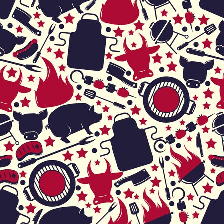 Barbeque icons seamless pattern, vector illustration. Barbecue wrapping paper print, flat style grill emblems, isolated labels. BBQ party accessories, cookout equipmentのイラスト素材
